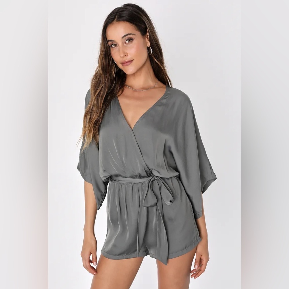 Lulus Ain't It Grand Olive Green Satin Surplice Romper